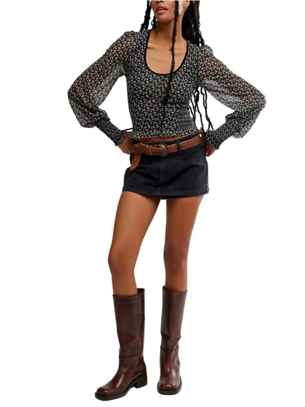 Free People Dottie Bow Print Sheer Sleeve Smocked Top NWT Size S